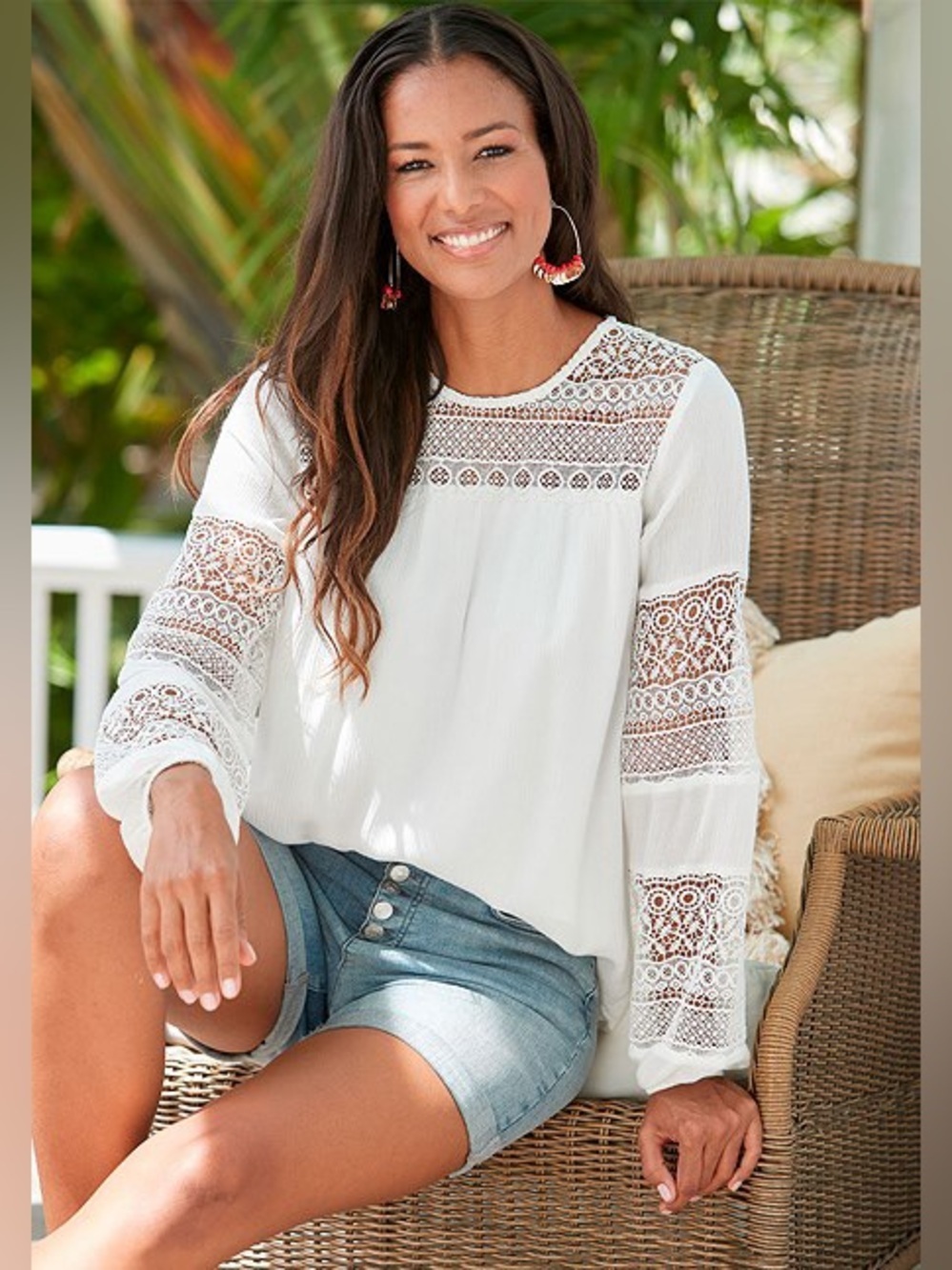 Lascana White Lace Flutter Sleeve Blouse NWT